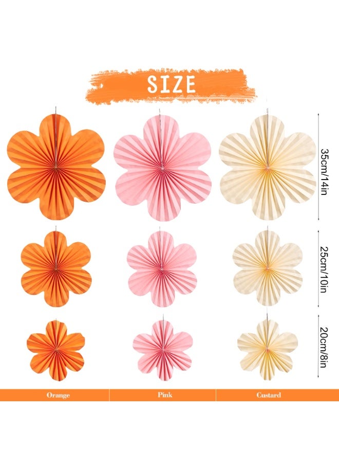 موردلي زينة زهور ورقية ربيعية، زينة حفلات أعياد ميلاد برتقالية، مراوح ورقية برتقالية وردية، ديكور جداري للفصول الدراسية، ديكورات حفلات استقبال مولود جديد. - Image 3